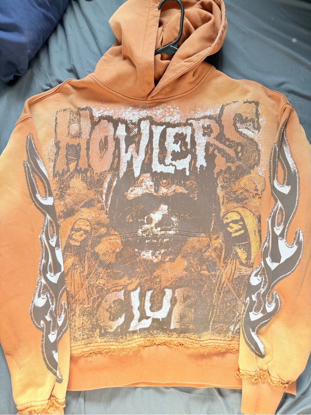 Orange Graphic Pullover Hoodie with Distressed Print